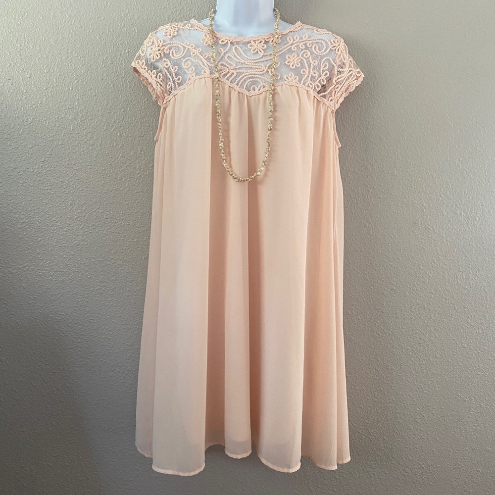 Pink Boho Tunic‎ Dress L Mori Girl Feminine Bohemian Lace Hippie Summer Artsy